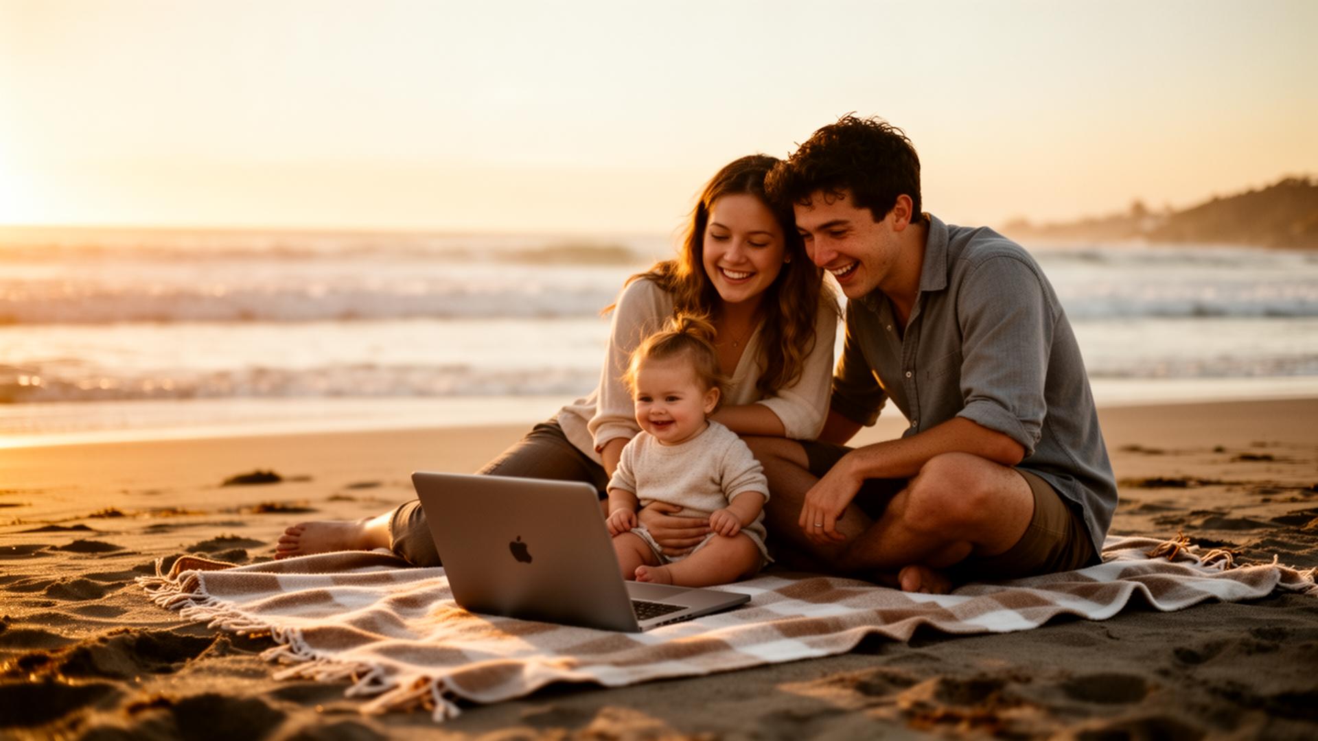 Nomad family on a beach with laptop