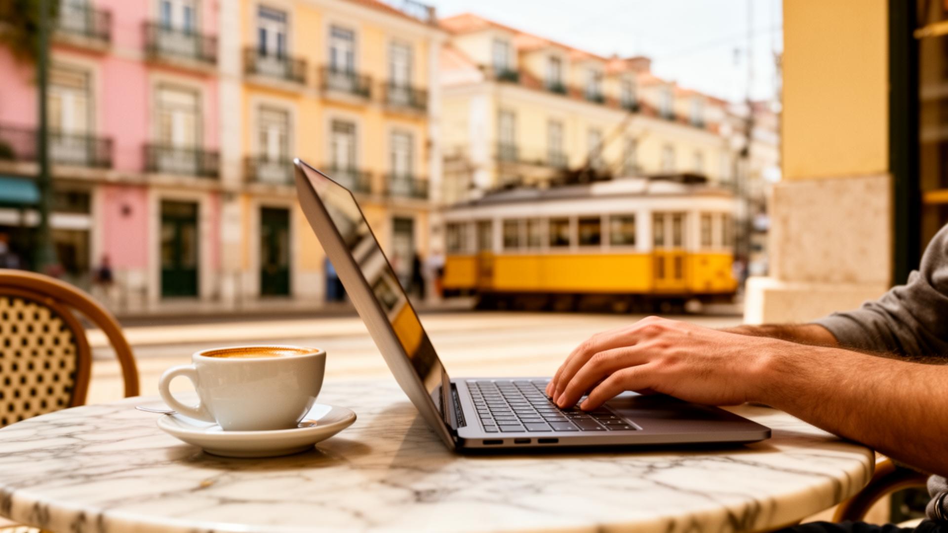 Slowmad working from a Lisbon cafe