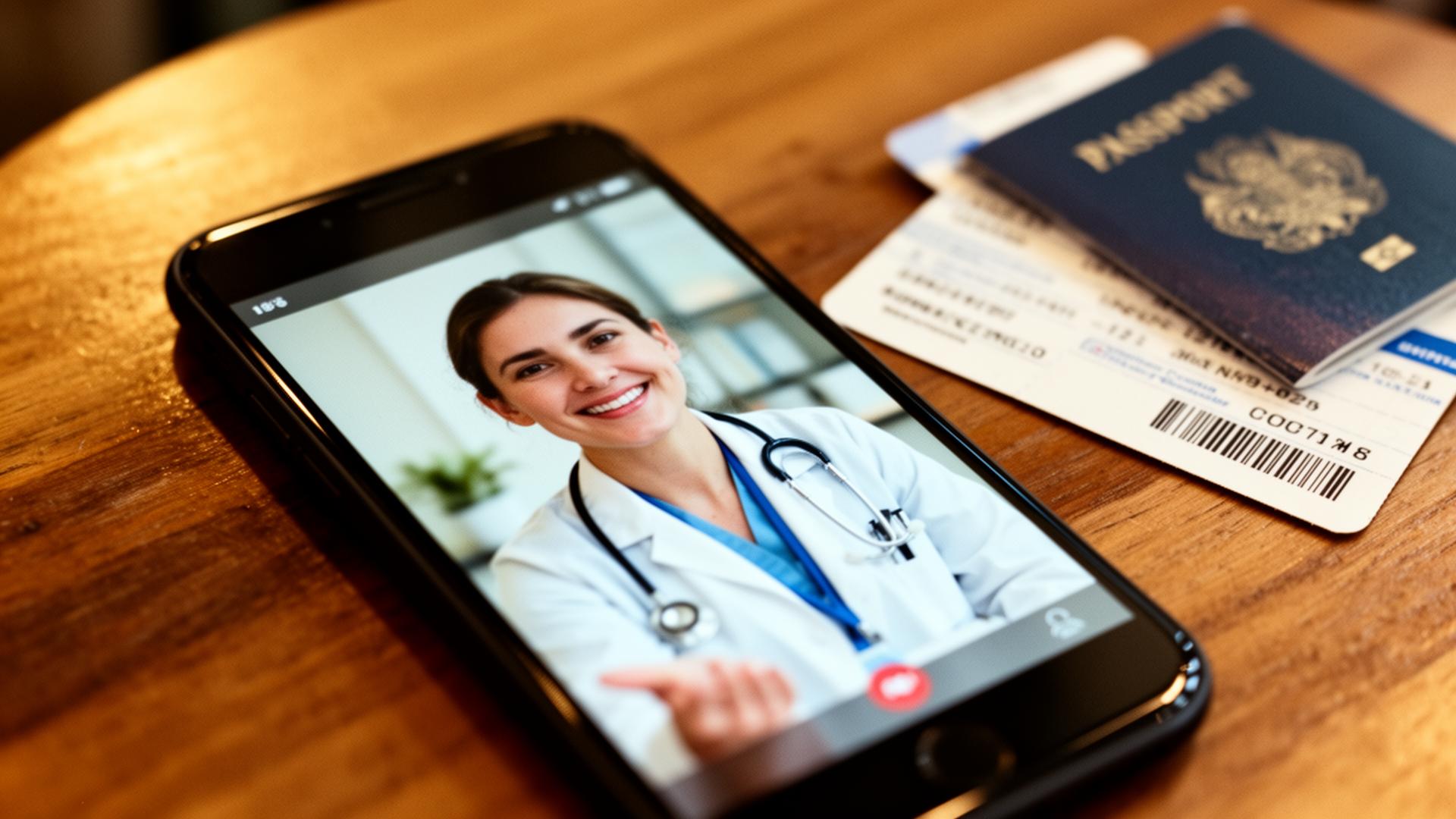 Telehealth call with passport on table